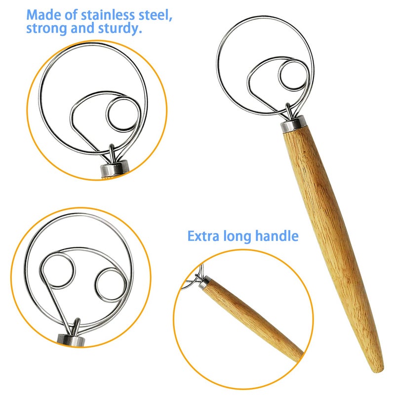 Listenman â€‹Listenman Danish Dough Whisk Bread Mixer & Egg Whisk Kits, 2 Pack Premium Stainless Steel Dutch & 1 Pack Hand Push Rotary Blender for Pastry Pizza Dough, with a Dough Scraper for Breadâ€‹ - Image 2
